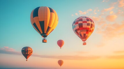 Obraz premium Colorful hot air balloons ascending gracefully into the early morning sky, their vibrant patterns contrasted against the soft pastel hues of the sunrise