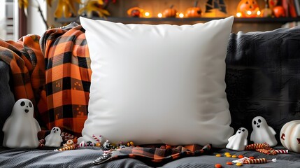 Festive Pillow with Ghosts and Candy on Cozy Couch