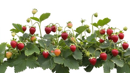 Obraz premium Lush green strawberry bush with ripe red strawberries and vibrant leaves, isolated on white background, showcasing natural growth.