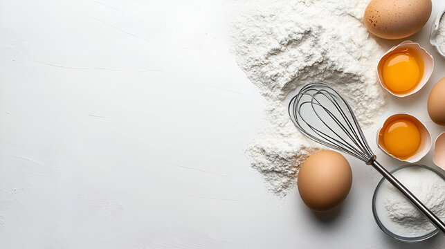 Flat lay composition with various ingredients for baking or cooking on minimals white background with eggs, flour and milk. Copy space for adding text or elements of designing