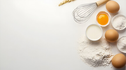 Flat lay composition with various ingredients for baking or cooking on minimals white background with eggs, flour and milk. Copy space for adding text or elements of designing