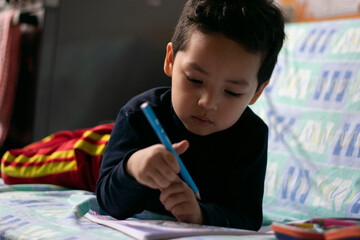 boy with a pencil in his hand doing his schoolwork