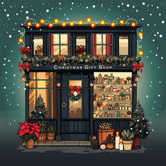 Christmas gift shop cute house. Vector illustration