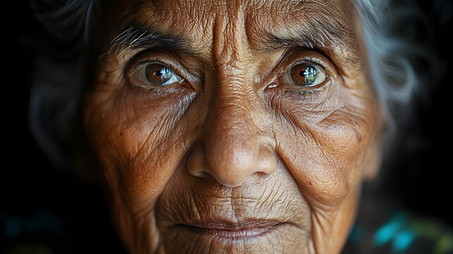 An elderly woman with a wrinkled face in a close-up shot, her weathered skin tells stories of struggle and triumph, eyes full of warmth and history