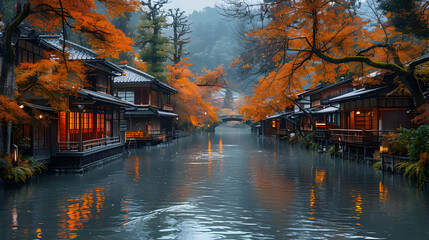Fototapeta premium Autumnal Reflections in a Canal with Traditional Houses - Digital Painting