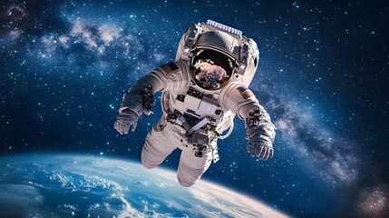 An astronaut gracefully floating in zero gravity above the blue and green Earth, the Milky Way arching across the star-filled sky in the background, soft cosmic light