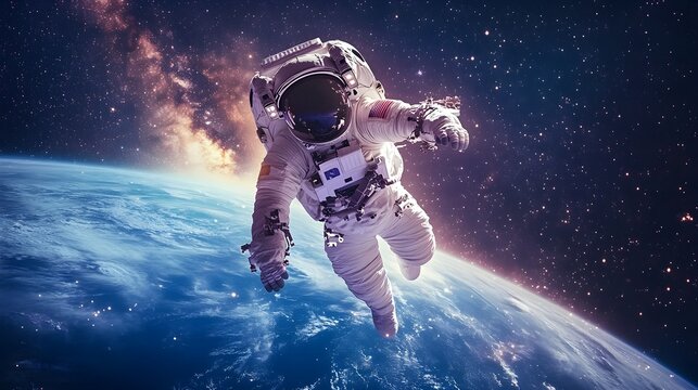 An astronaut gracefully floating in zero gravity above the blue and green Earth, the Milky Way arching across the star-filled sky in the background, soft cosmic light
