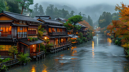 Obraz premium Japanese Houses Along a River in the Fog - Realistic Image
