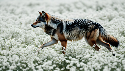 Majestic Gray Wolf Walking Through White Flowers