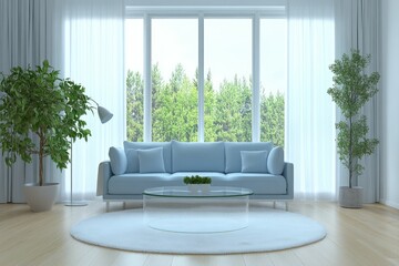 Fototapeta premium Modern living room with a serene view and greenery.