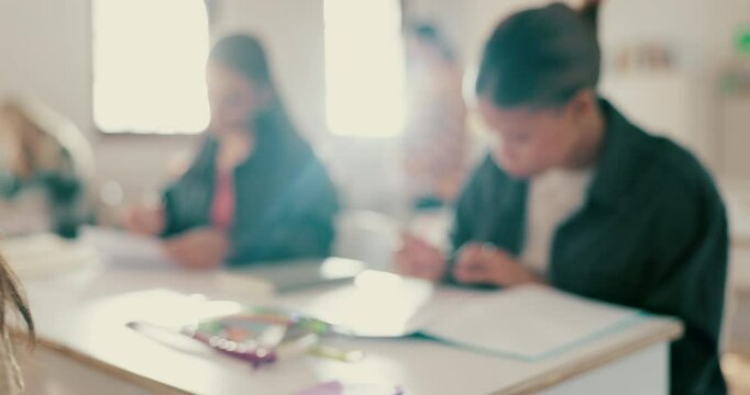 High school students, writing exam and classroom for education, goal or quiet for assessment. People, test and learning with paper, notebook or thinking for development, progress or growth at academy