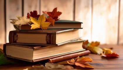 vintage books with autumn leaves on a wooden surface evoking the cozy charm of fall and the warmth...