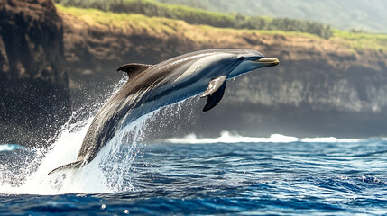 Fototapeta premium Dolphin Leaping: A majestic dolphin leaps out of the water, showcasing its grace and power as it soars against a backdrop of dramatic cliffs. Capture the beauty and freedom of marine life. 