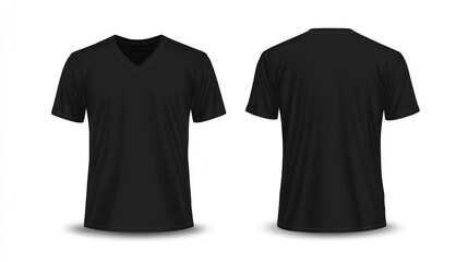 Black v neck t shirt template for men showcasing front and back views Illustration of a male figure wearing the shirt placed on a white background