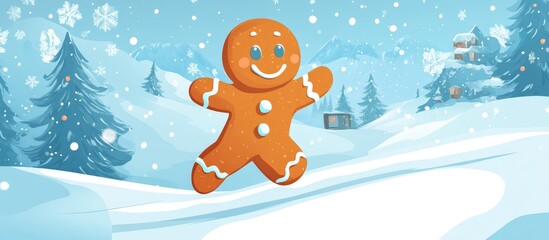 Cartoon Gingerbread Man Character Running in a Winter Setting Flat Design Raster Illustration
