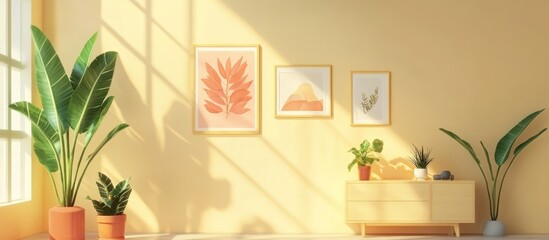 3D illustration depicting a living room adorned with a storage table framed pictures and small potted plants