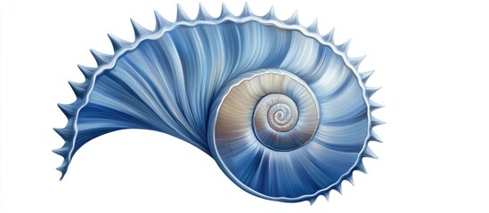 Obraz premium Blue marine shell with a round spiral shape featuring conical spikes and a fan like structure resting on a white background