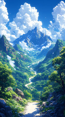 Majestic mountain landscape with a winding path vibrant greenery and towering clouds