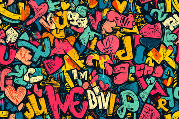 Obraz premium Abstract seamless pattern with graffiti words stickers on retro style. Cool colorful background.