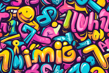Abstract seamless pattern with graffiti words stickers on retro style. Cool colorful background.