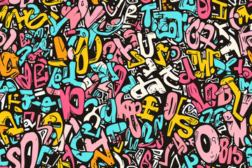 Abstract seamless pattern with graffiti words stickers on retro style. Cool colorful background.