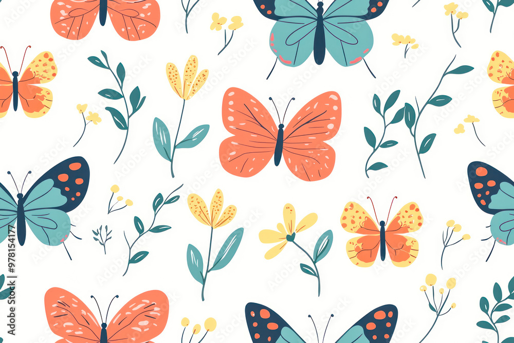 Wall mural Cute cartoon and delicate butterflies with flowers. Seamless spring and summer pattern.