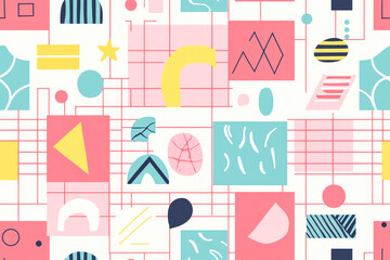 Cute colorful geometric summer holidays elements grid styled pattern background.