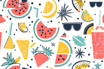 Cute colorful geometric summer holidays elements grid styled pattern background.