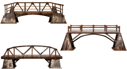 Close Up To a Set of arch rustic metal bridges PNG isolated on white and transparent background - Metal Old bridges Vintage architecture Mockup template for Ironwork design