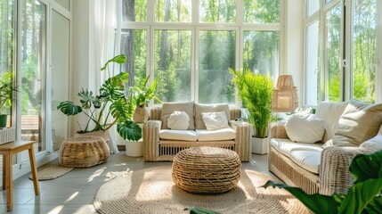 Sunny and open sunroom featuring large windows, comfortable wicker furniture, and an array of plants for a natural and calming vibe.