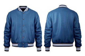 Front View and Back View to an Oversized Baseball Bomber varsity Blue jacket PNG isolated on white and transparent background - Athletic Sports jacket Baseball College outerwear Street style Mockup