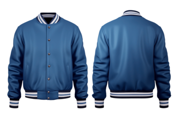 Front View and Back View to an Oversized Baseball Bomber varsity Blue jacket PNG isolated on white and transparent background - Athletic Sports jacket Baseball College outerwear Street style Mockup