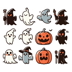 Set of halloween ghosts. Happy Halloween scary spirits with pumpkin in different poses. Cartoon stickers.