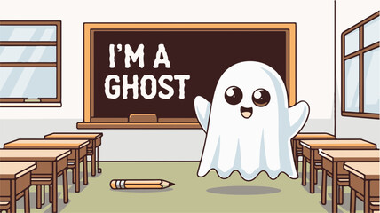 Cute Ghost in Classroom with Cheerful Message