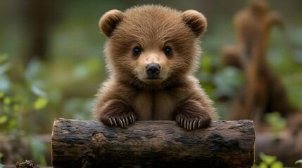 Obraz premium Cute Baby Bear Cub on a Log - Realistic Photography