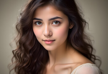 Naklejka premium A close-up portrait of a young woman with long, wavy brown hair and soft features. She has a gentle expression, with large, expressive eyes and a light blush on her cheeks.