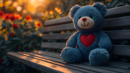 Blue Teddy Bear Sitting on a Wooden Bench in the Sunset Illustration