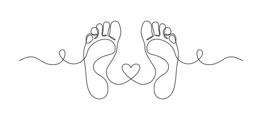 One continuous line drawing of bare foot and footprint. Elegance female feet in simple linear style. Concept of Wellness massage and Care about soft skin. Editable stroke. Oneline vector illustration