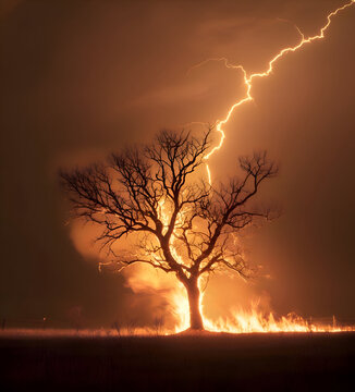 A dramatic scene of lightning striking a lonely tree