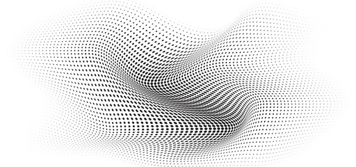 Flowing Wave Dot Halftone Pattern: Curve Gradient Shape on Transparent Background. Suitable for AI, Tech, Network, Digital, Science, and Technology Themes.