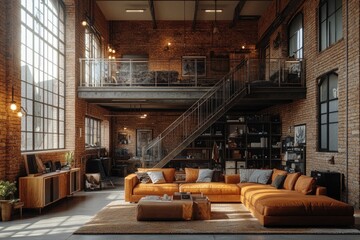 Modern industrial loft with cozy orange seating area.