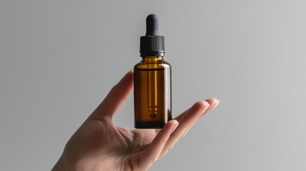 Hand holding amber dropper bottle with minimalist design