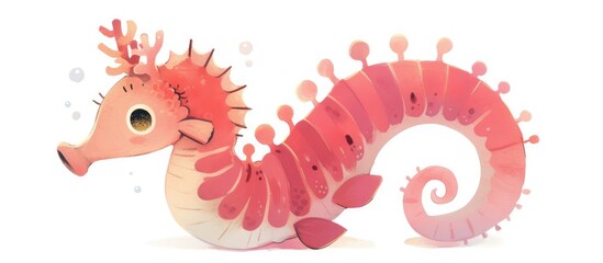 Pink plush seahorse toy painting isolated on a white background Stuffed hippocampus figure with a playful design featuring coral like spots