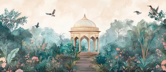 Mural design featuring a Mughal garden with a dome birds and a traditional background in watercolor style