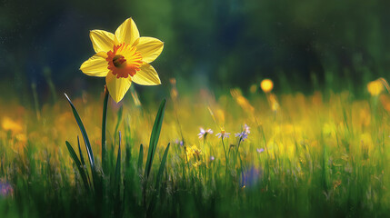Obraz premium A bright yellow daffodil standing tall in a meadow filled with wildflowers, basking in the mid-morning sun. The vivid contrast between the flower’s petals and the green grass creates a cheerful and li
