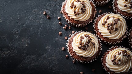 Chocolate cupcakes with chocolate frosting and chocolate chips.
