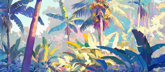 Painting of banana trees in a botanical garden setting