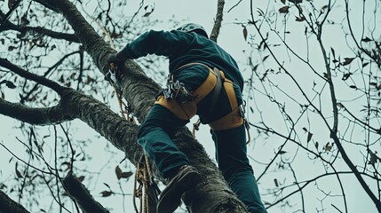 Arborist climbing a tall tree to remove dead branches, showcasing professional urban forestry skills.