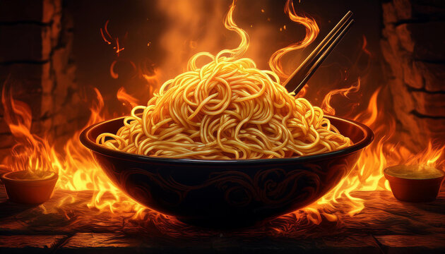 Noodles in a bowl in the background of a burning fire, Asia food