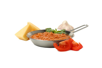 PNG, Bolognese sauce, garlic, pieces of cheese and tomatoes, isolated on white background